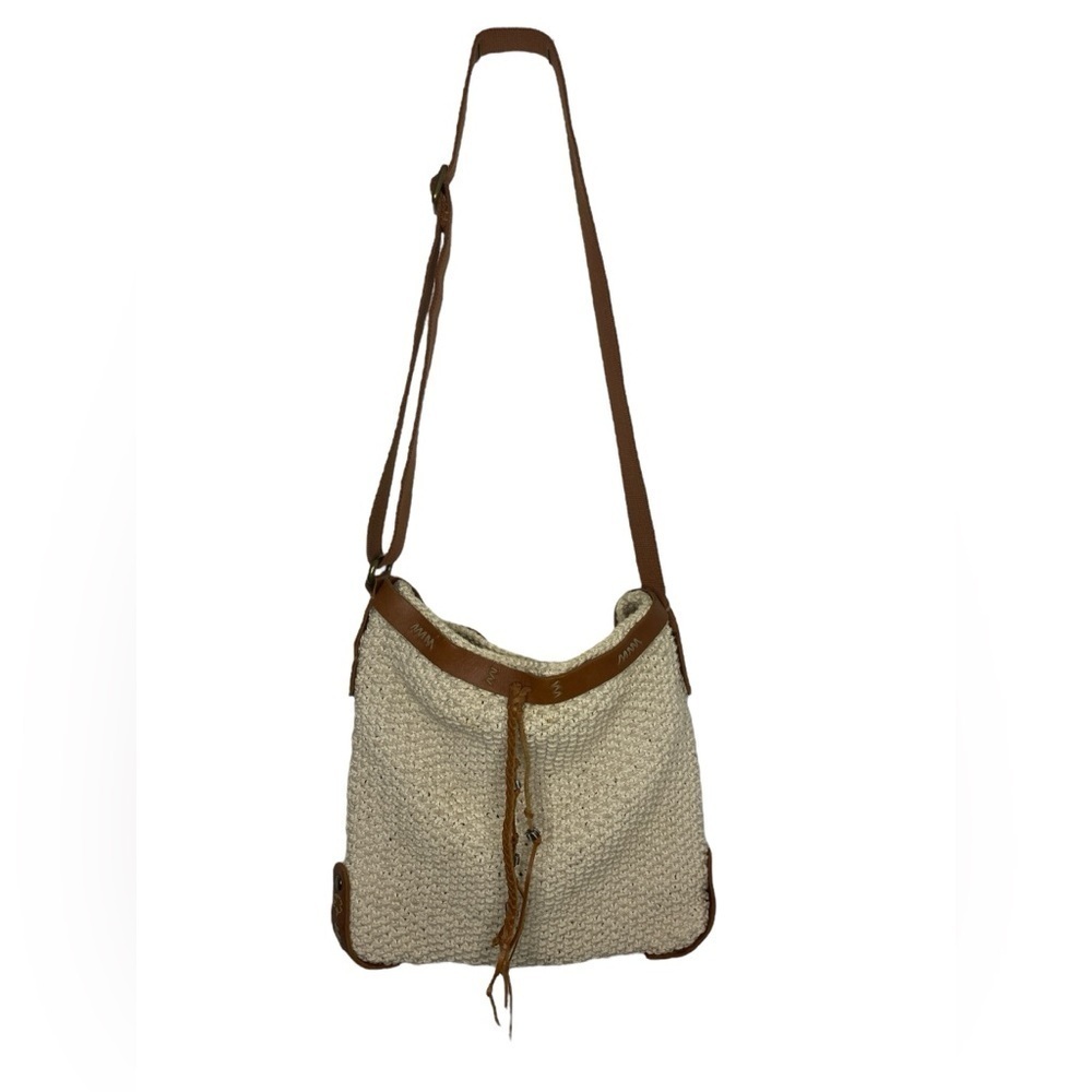 Lucky Brand Woven Cotton and Leather Stylish Tan and Brown Boho Crossbody Bag